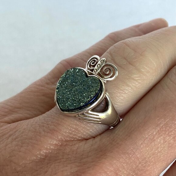 Sterling Silver 925 Ireland JMH Jewelry Claddagh Titanium Druzy Heart Ring 5.75 - Picture 3 of 16